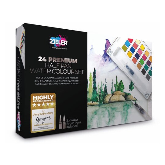Zieler; Zieler® Premium 24 Half Pan Watercolor set with Detachable Pallet and 2 x Watercolor Brushes; Category:Watercolor Paint; Image:1